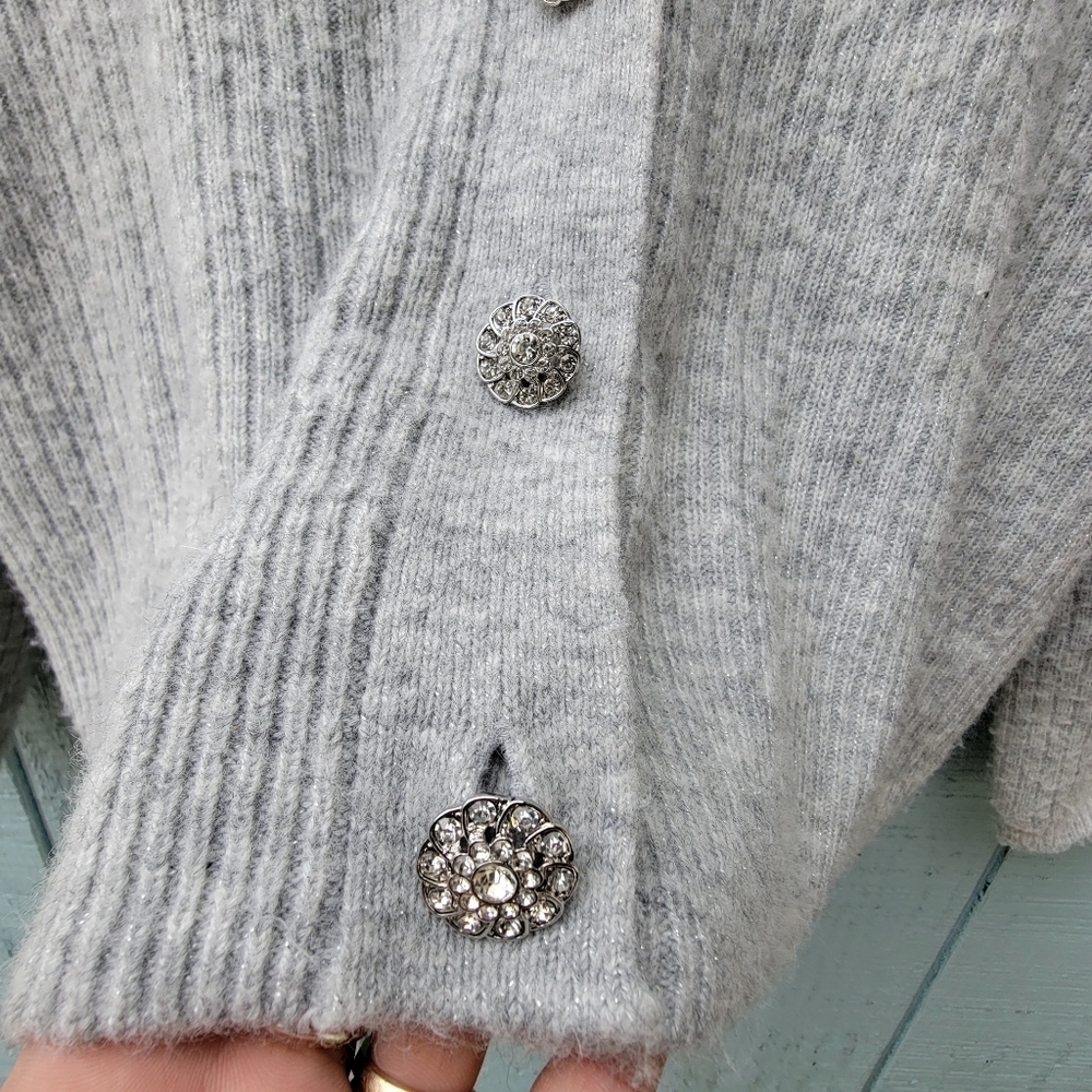 Talbots Ribbed Knit Metallic Rhinestone Button Cardigan size L Silver Gray - Picture 4 of 12